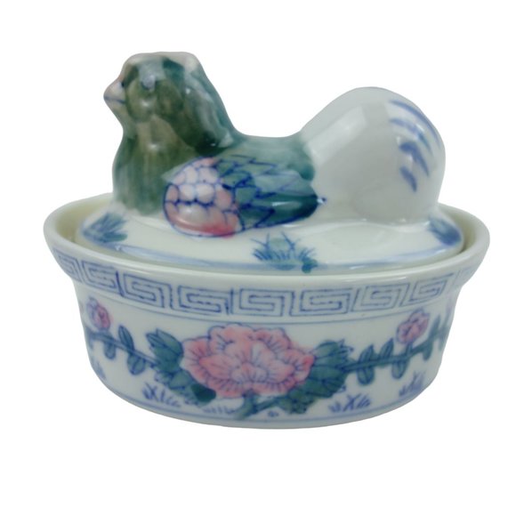 Asian Theme Hen Chicken in Nest Porcelain Trinket Box - Picture 2 of 9